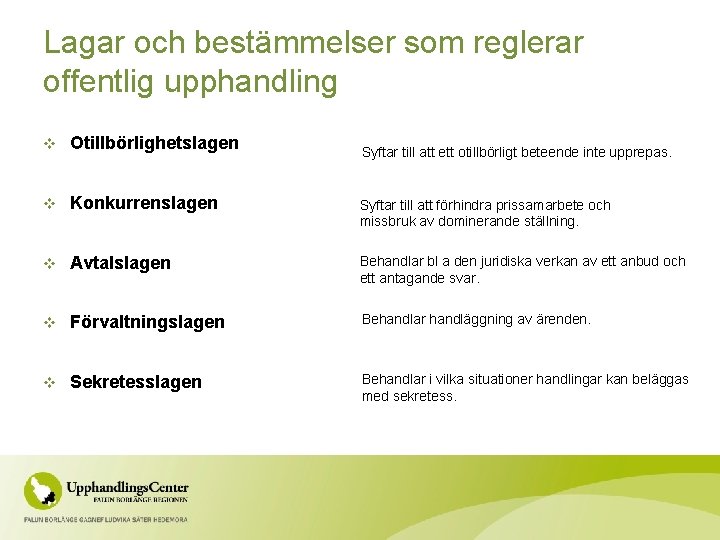 Lagar och bestämmelser som reglerar offentlig upphandling v Otillbörlighetslagen v Konkurrenslagen Syftar till att