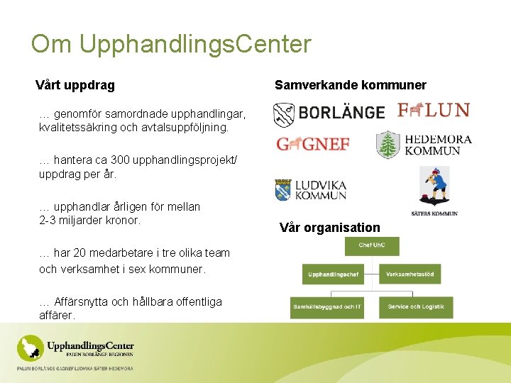 Om Upphandlings. Center Vårt uppdrag Samverkande kommuner … genomför samordnade upphandlingar, kvalitetssäkring och avtalsuppföljning.