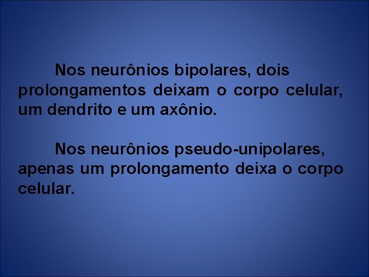  Nos neurônios bipolares, dois prolongamentos deixam o corpo celular, um dendrito e um