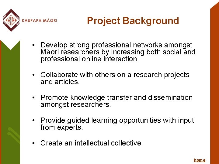 Project Background • Develop strong professional networks amongst Mäori researchers by increasing both social