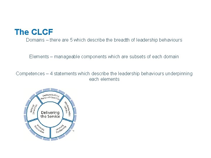 The CLCF Domains – there are 5 which describe the breadth of leadership behaviours