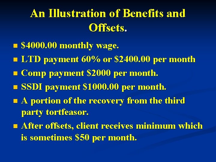 An Illustration of Benefits and Offsets. $4000. 00 monthly wage. n LTD payment 60%