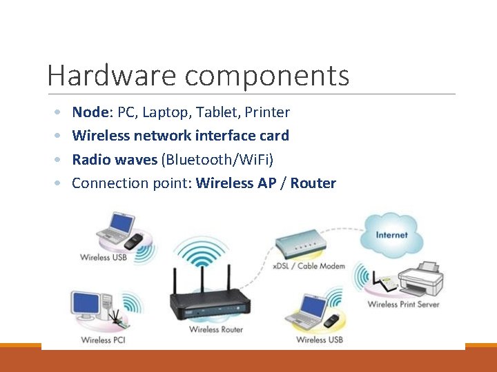 Hardware components • • Node: PC, Laptop, Tablet, Printer Wireless network interface card Radio