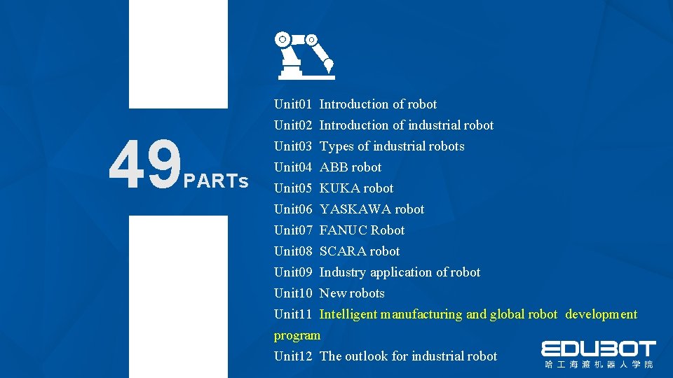 49 PARTs Unit 01 Introduction of robot Unit 02 Introduction of industrial robot Unit