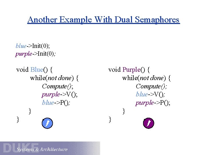 Another Example With Dual Semaphores blue->Init(0); purple->Init(0); void Blue() { while(not done) { Compute(); Another Example With Dual Semaphores blue->Init(0); purple->Init(0); void Blue() { while(not done) { Compute();