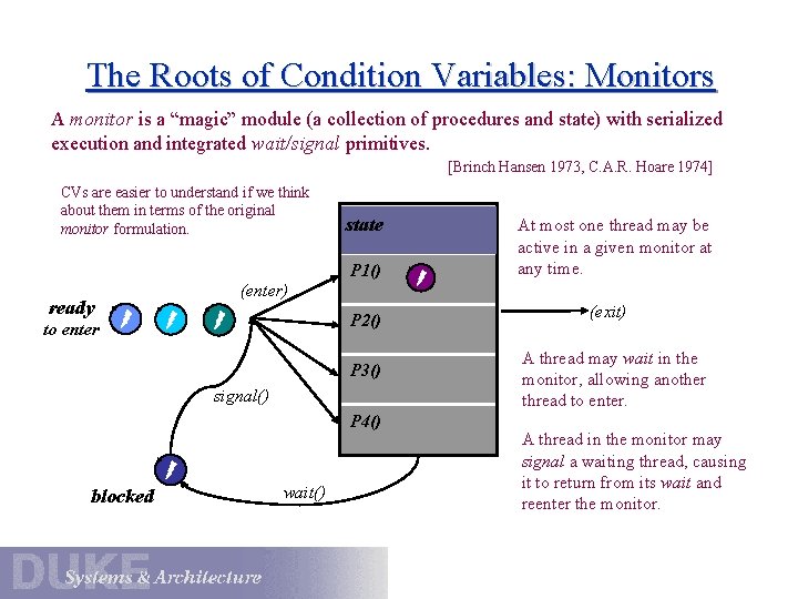 The Roots of Condition Variables: Monitors A monitor is a “magic” module (a collection