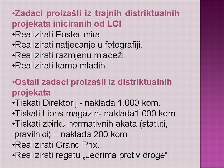  • Zadaci proizašli iz trajnih distriktualnih projekata iniciranih od LCI • Realizirati Poster