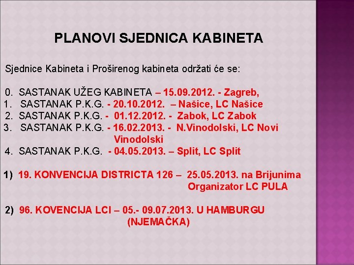 PLANOVI SJEDNICA KABINETA Sjednice Kabineta i Proširenog kabineta održati će se: 0. SASTANAK UŽEG