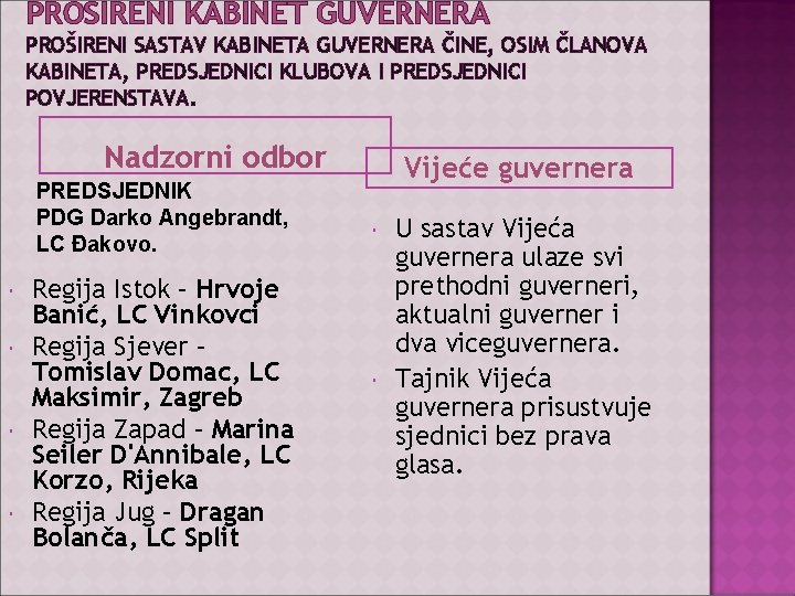 PROŠIRENI KABINET GUVERNERA PROŠIRENI SASTAV KABINETA GUVERNERA ČINE, OSIM ČLANOVA KABINETA, PREDSJEDNICI KLUBOVA I