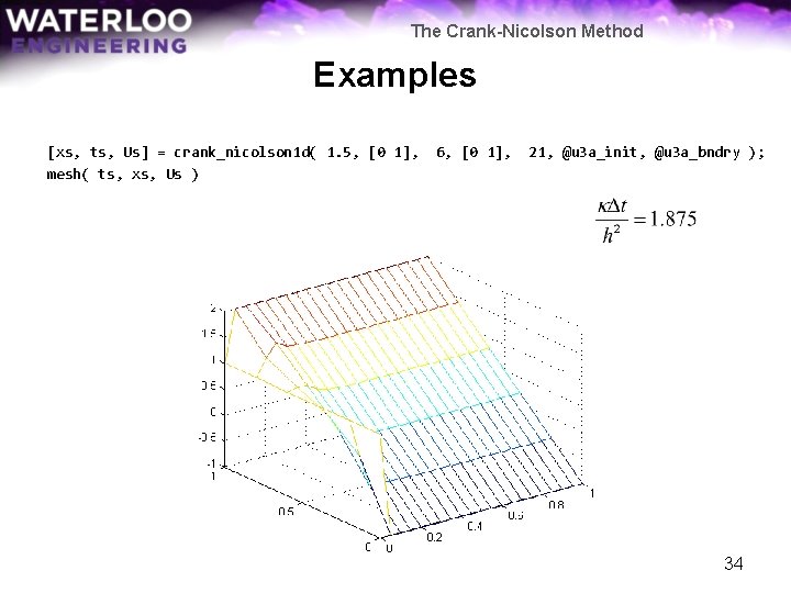 The Crank-Nicolson Method Examples [xs, ts, Us] = crank_nicolson 1 d( 1. 5, [0