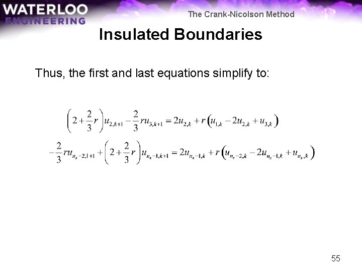 The Crank-Nicolson Method Insulated Boundaries Thus, the first and last equations simplify to: 55