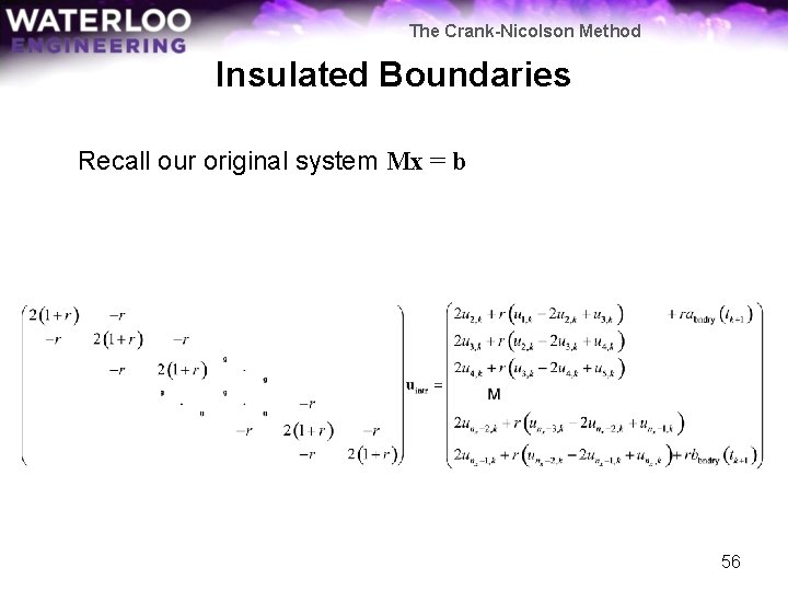 The Crank-Nicolson Method Insulated Boundaries Recall our original system Mx = b 56 