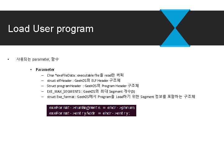 Load User program • 사용되는 parameter, 함수 • Parameter – – – Char *exe. Load User program • 사용되는 parameter, 함수 • Parameter – – – Char *exe.