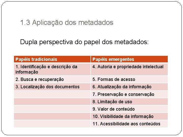 1. 3 Aplicação dos metadados Dupla perspectiva do papel dos metadados: Papéis tradicionais Papéis