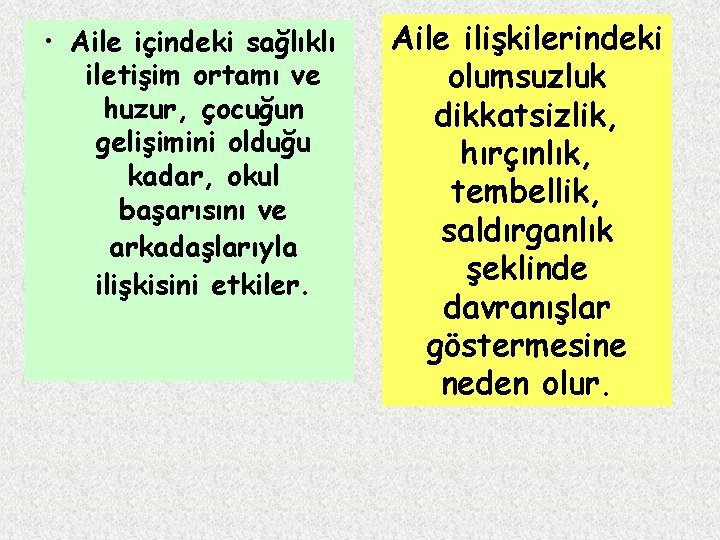  • Aile içindeki sağlıklı iletişim ortamı ve huzur, çocuğun gelişimini olduğu kadar, okul