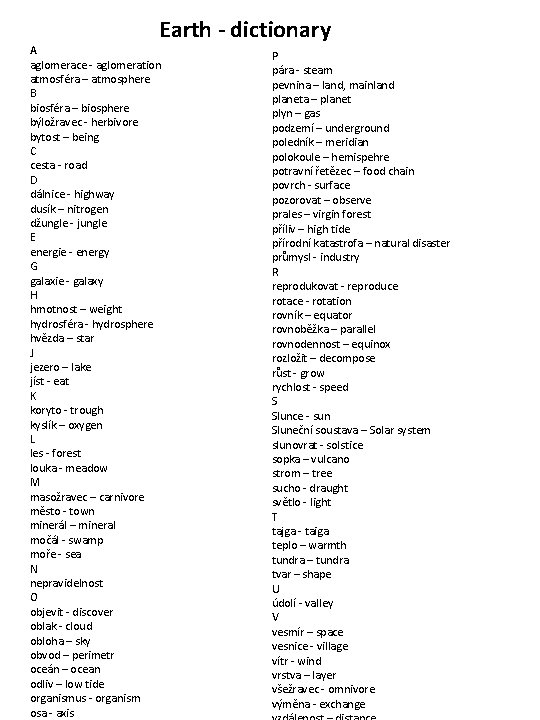 Earth - dictionary A aglomerace - aglomeration atmosféra – atmosphere B biosféra – biosphere