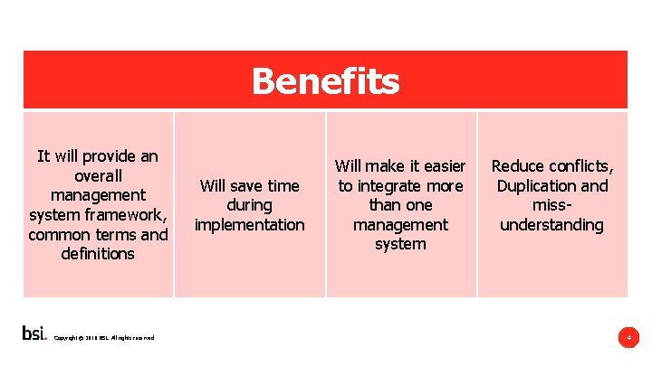 Benefits It will provide an overall management system framework, common terms and definitions Copyright