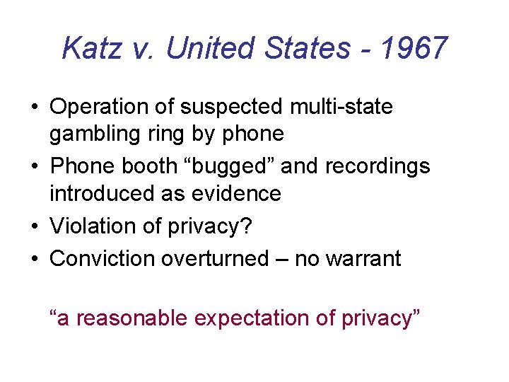 Katz v. United States - 1967 • Operation of suspected multi-state gambling ring by