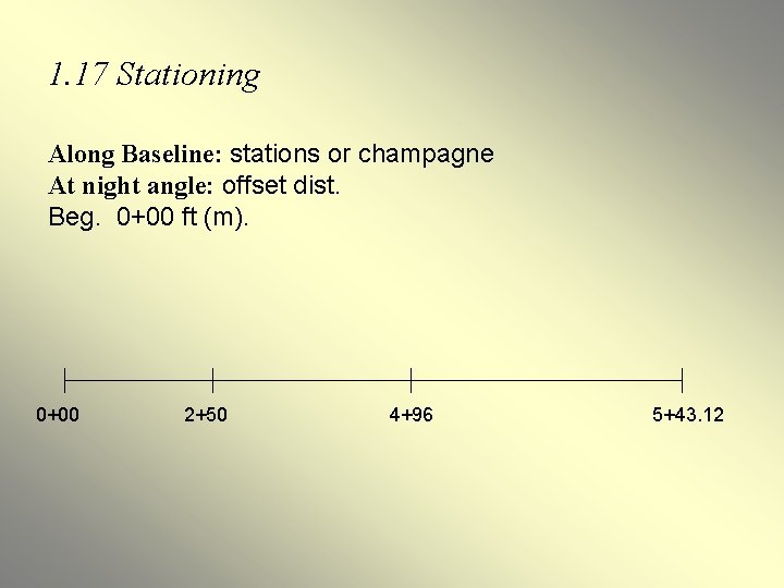 1. 17 Stationing Along Baseline: stations or champagne At night angle: offset dist. Beg. 1. 17 Stationing Along Baseline: stations or champagne At night angle: offset dist. Beg.