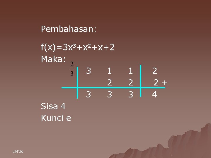 Pembahasan: f(x)=3 x 3+x 2+x+2 Maka: 3 1 2 3 3 Sisa 4 Kunci