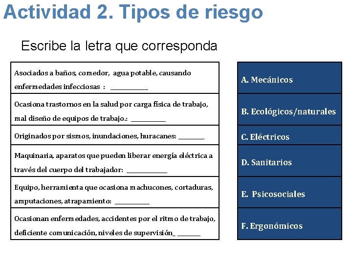 Actividad 2. Tipos de riesgo Escribe la letra que corresponda Asociados a baños, comedor,