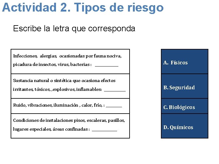 Actividad 2. Tipos de riesgo Escribe la letra que corresponda Infecciones, alergias, ocasionadas por