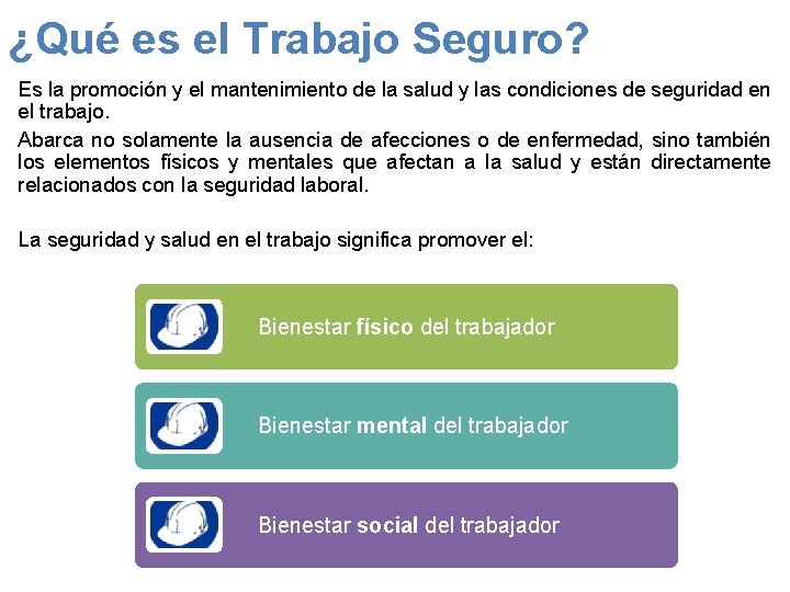 ¿Qué es el Trabajo Seguro? Es la promoción y el mantenimiento de la salud