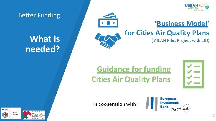 Better Funding What is needed? ‘Business Model’ for Cities Air Quality Plans (MILAN Pilot