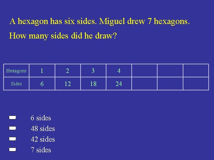 A hexagon has six sides. Miguel drew 7 hexagons. How many sides did he