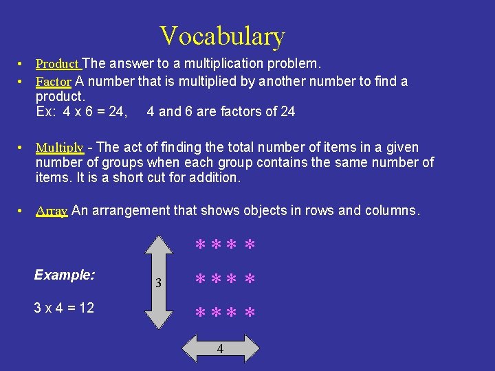 Vocabulary • Product The answer to a multiplication problem. • Factor A number that