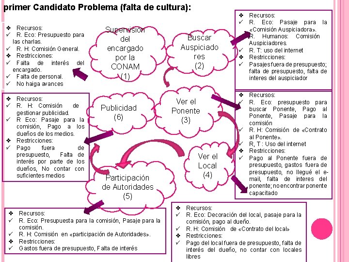 primer Candidato Problema (falta de cultura): v Recursos: ü R. Eco: Presupuesto para las