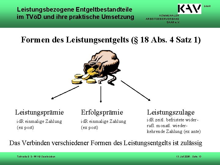 Leistungsbezogene Entgeltbestandteile im TVöD und ihre praktische Umsetzung SAAR KOMMUNALER ARBEITGEBERVERBAND SAAR e. V.