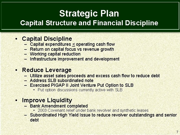 Strategic Plan Capital Structure and Financial Discipline • Capital Discipline – – Capital expenditures