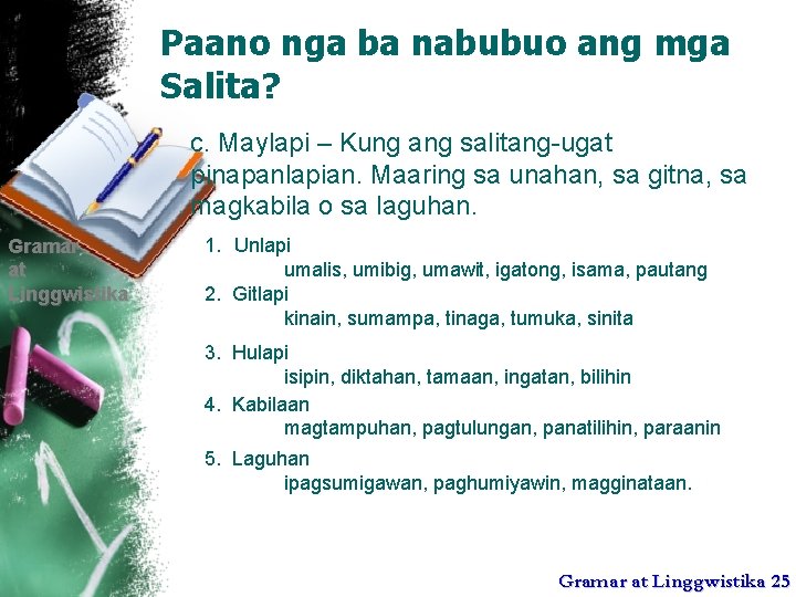 Paano nga ba nabubuo ang mga Salita? c. Maylapi – Kung ang salitang-ugat pinapanlapian.