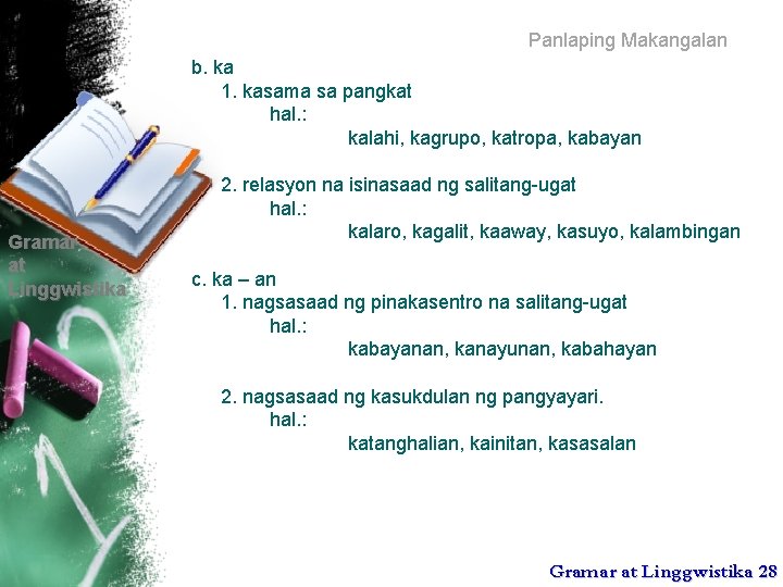 Panlaping Makangalan b. ka 1. kasama sa pangkat hal. : kalahi, kagrupo, katropa, kabayan