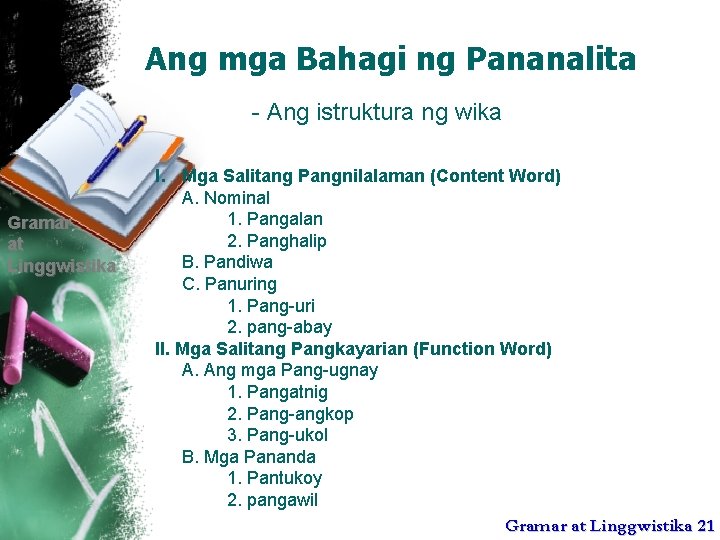 Ang mga Bahagi ng Pananalita - Ang istruktura ng wika Gramar at Linggwistika I.