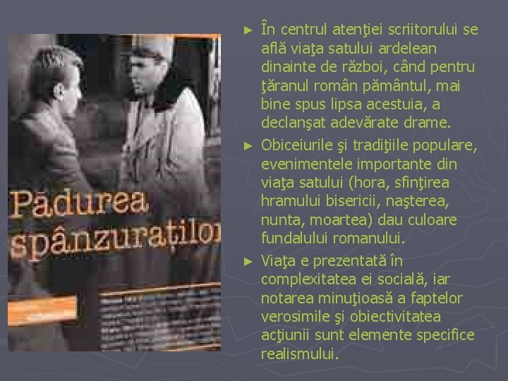 În centrul atenţiei scriitorului se află viaţa satului ardelean dinainte de război, când pentru