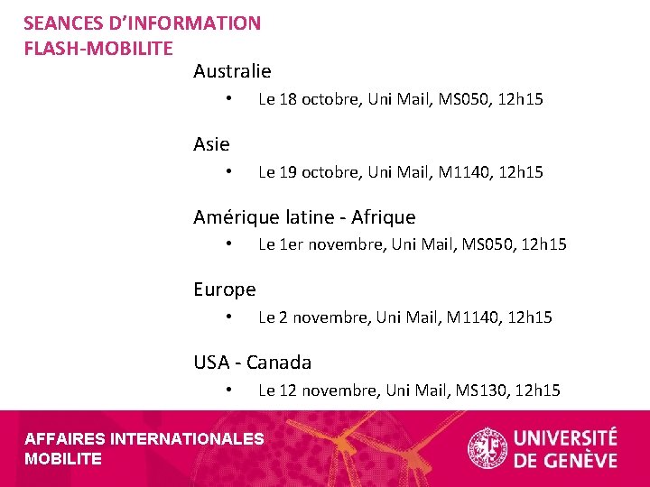 SEANCES D’INFORMATION FLASH-MOBILITE Australie • Le 18 octobre, Uni Mail, MS 050, 12 h