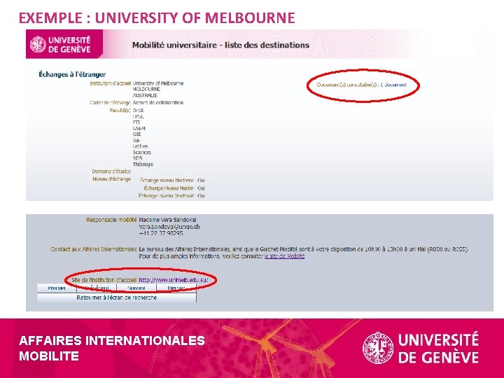 EXEMPLE : UNIVERSITY OF MELBOURNE AFFAIRES INTERNATIONALES MOBILITE 