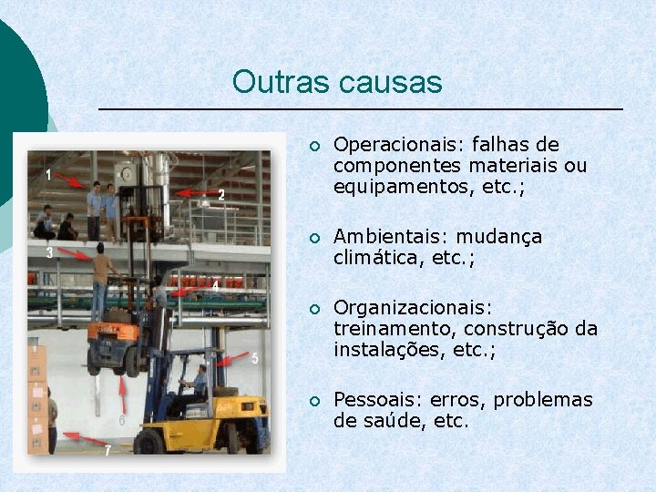 Outras causas ¡ Operacionais: falhas de componentes materiais ou equipamentos, etc. ; ¡ Ambientais: