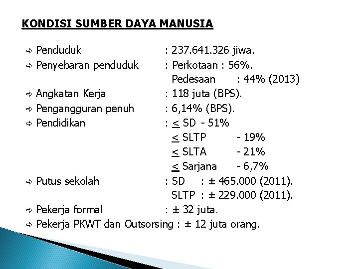 KONDISI SUMBER DAYA MANUSIA Penduduk Penyebaran penduduk : 237. 641. 326 jiwa. : Perkotaan