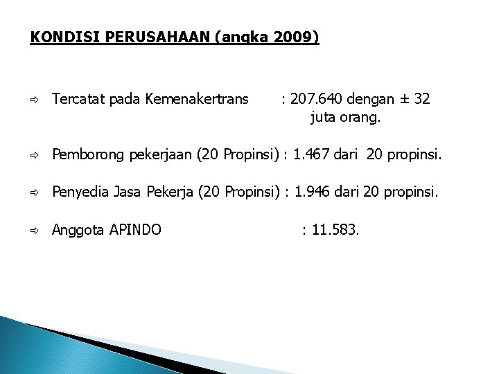 KONDISI PERUSAHAAN (angka 2009) Tercatat pada Kemenakertrans : 207. 640 dengan ± 32 juta
