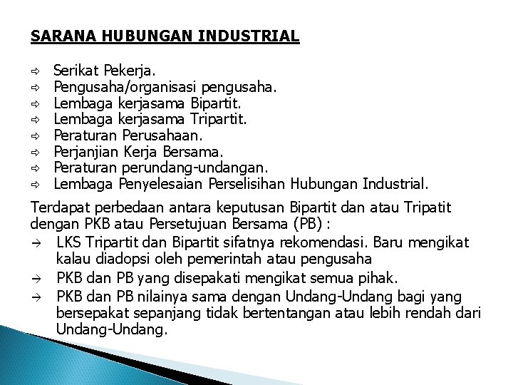 SARANA HUBUNGAN INDUSTRIAL Serikat Pekerja. Pengusaha/organisasi pengusaha. Lembaga kerjasama Bipartit. Lembaga kerjasama Tripartit. Peraturan