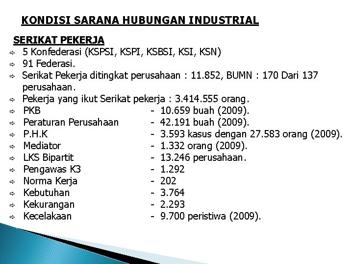 KONDISI SARANA HUBUNGAN INDUSTRIAL SERIKAT PEKERJA 5 Konfederasi (KSPSI, KSPI, KSBSI, KSN) 91 Federasi.