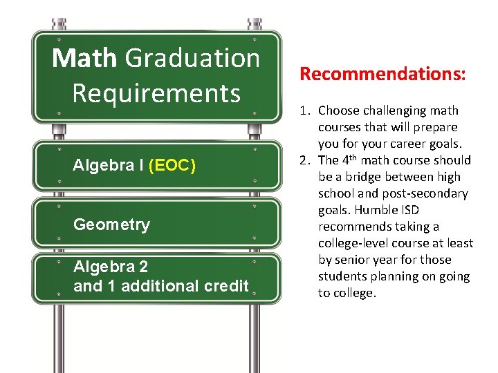 Math Graduation Requirements Algebra I (EOC) Geometry Algebra 2 and 1 additional credit Recommendations: