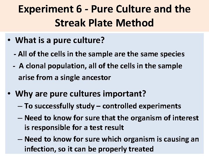 Experiment 6 - Pure Culture and the Streak Plate Method • What is a