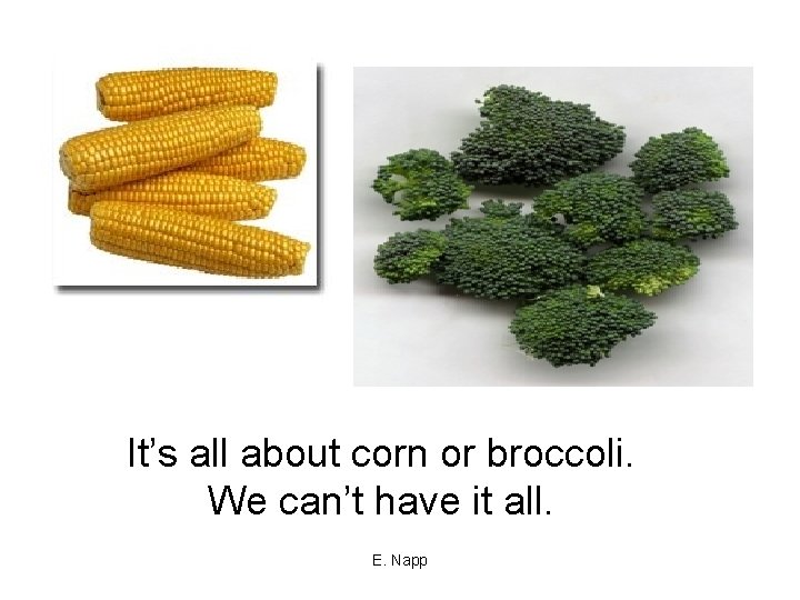 It’s all about corn or broccoli. We can’t have it all. E. Napp 