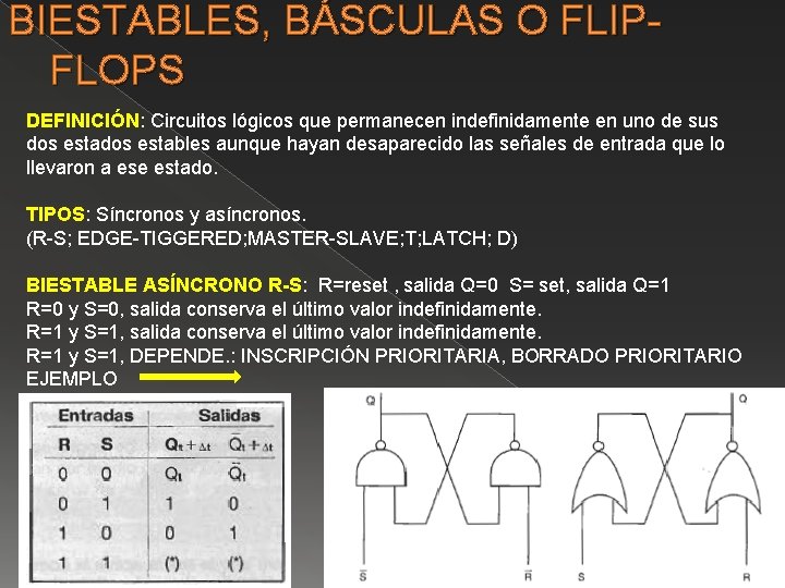 BIESTABLES, BÁSCULAS O FLIPFLOPS DEFINICIÓN: Circuitos lógicos que permanecen indefinidamente en uno de sus