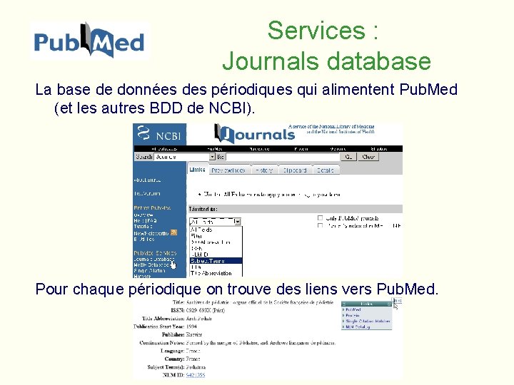 Services : Journals database La base de données des périodiques qui alimentent Pub. Med