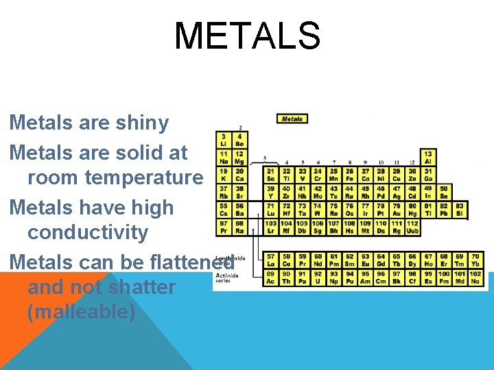 METALS Metals are shiny Metals are solid at room temperature Metals have high conductivity